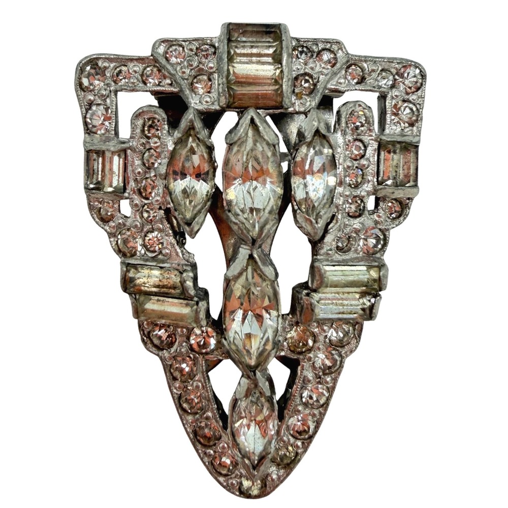 Vintage Art Deco Rhinestone Dress Clip Silver Tone Marquise Baguette Stones